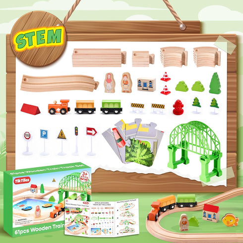 Set 61-Piece 3-8, Playset Wooden Train for Toddlers Kids Ages Double-Sided Expandable Train Track with Puzzles