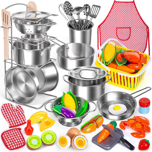 Kids Kitchen Pretend Play Accessories Set, 32 Items Stainless Steel Pots and Pans with Rack Organizer, Cooking Utensils