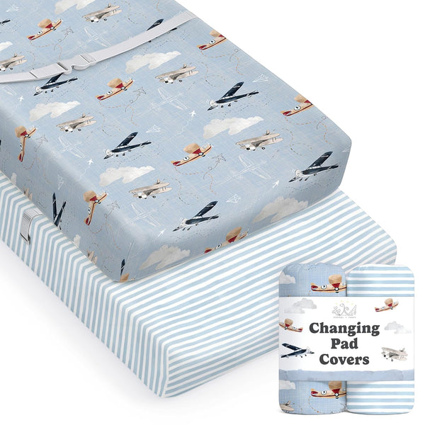 Baby Changing Pad Cover 2-Pack for Boys, Girls (Watercolor Airplanes and Clouds)