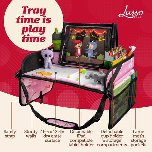 600D Lusso Gear Travel Car Seat Tray - Dry Erase Board & Secure Tablet Holder for Toddler Travel - Durable Oxford Cloth