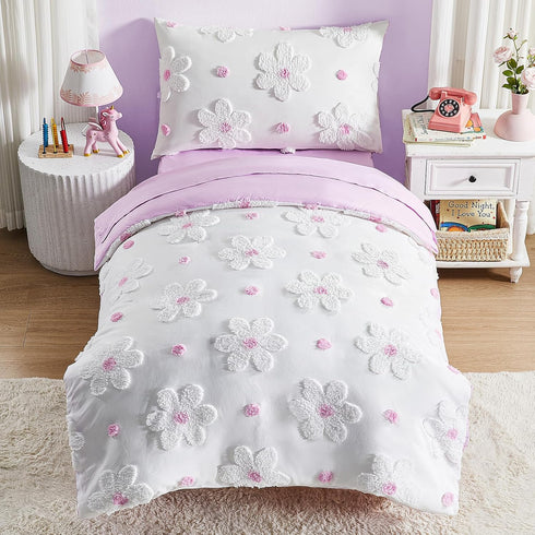 Set 4-Piece Set Set Set, Set, Toddler Bedding for Girls Purple Boho Tufted Daisy Flowers Toddler Bed Comforter