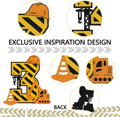 Construction 3rd Birthday Cake Topper for Kids, Truck Excavator Forklift Dump Bulldozer Party Supplies