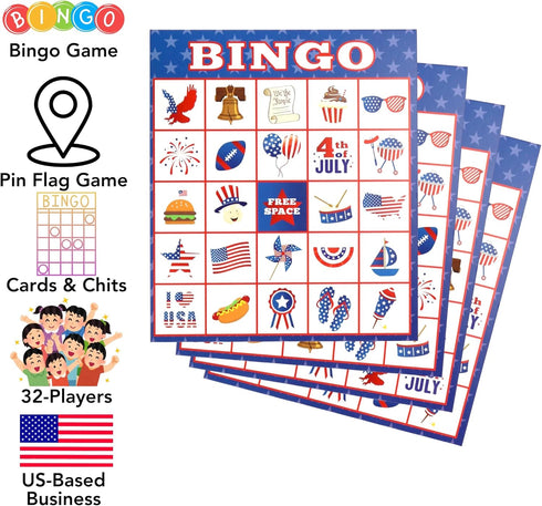 32 Set, 4th Iconikal Player Bingo Game Patriotic, American Flag, America Map, Independence Day, of July Games