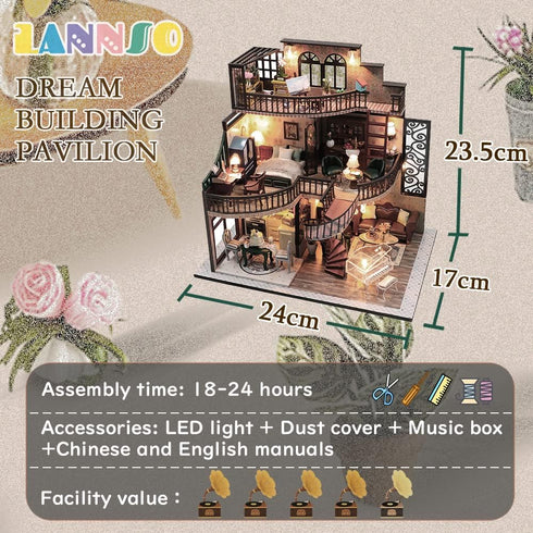 Lannso DIY Dollhouse Miniature Kit with Dust Proof Cover and Music Box, Mini Wooden Dollhouse Toys