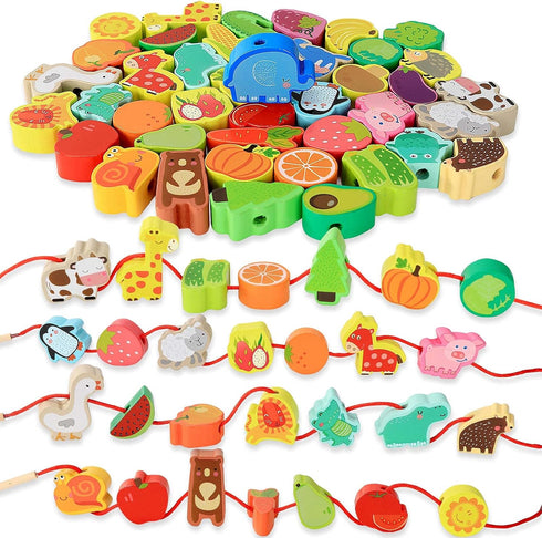 BMTOYS Montessori Educational Threading Toys, Wooden Stringing Farm Animals, Fruits Lacing Beads Preschool Toy for
