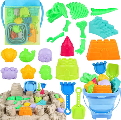 ERHAICAT Beach Toys, Dinosaur Sand Toys for Kids Toddlers with Collapsible Bucket, Sand