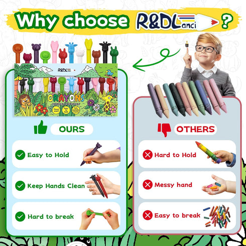 R&DLanci 11-colors Set 3+ Animal Crayons for Toddlers, Washable Crayon with Eraser & Drawing Paper, Non-Toxic Crayon