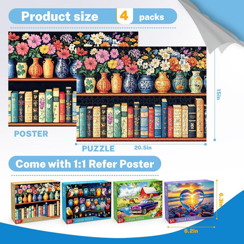 HYXCHQA 4-Pack 500 500 Piece Puzzles for Adults Jigsaw Puzzle Pieces - Flowers Vintage Books, Owl Family, Farm Vintage