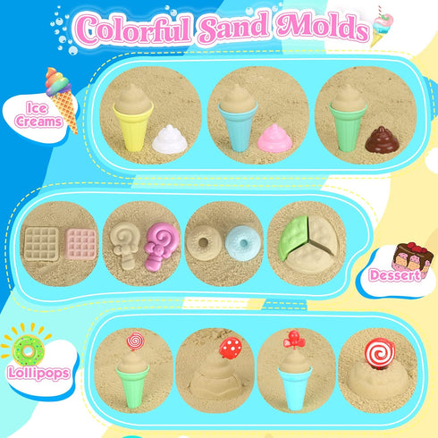 Collapsible Beach Toys Set for Kids, Sand Bucket and Shovels with Mesh Bag & Molds, Ice Cream Travel Toys