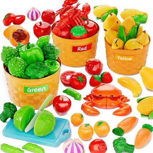Set, 1-3 1 2 3 Toddler Toys Play Food Learning Toy Cutting Food with Color Sorting Basket, Pretend Play Kitchen