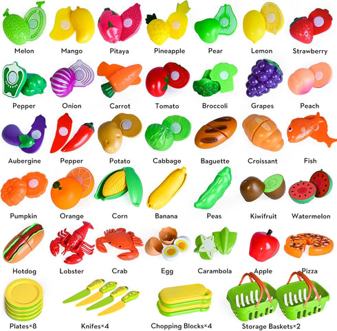 100 PCS Cutting Play Food Toy for Kids Kitchen, Pretend Food Toys with 2 Baskets, Birthday Gifts for 3-6 Years Old