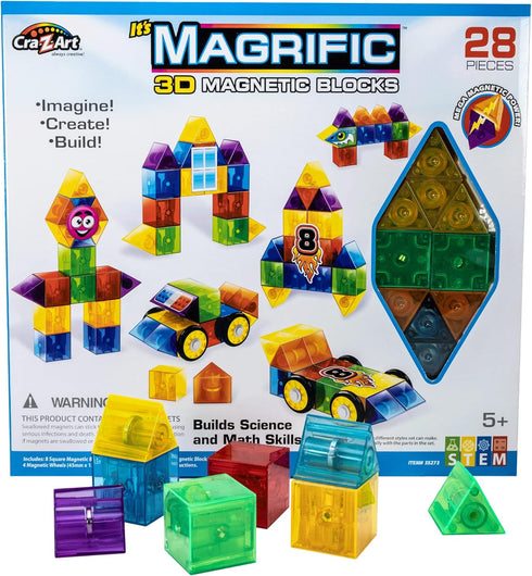Cra-Z-Art Magrific 3D Magnetic Blocks, 28 Piece Set, Colorful Magnet Building Tiles with 3D Blocks and Vehicle Wheels