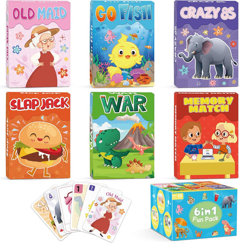 8s,Memory 4-8, 6 Kids Card Games, Go Fish,Old Maid,Crazy Match,Slap Jack,War, Cards Game for Kids Fun Game for Family