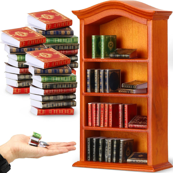 27 Pieces 1:12 Scale Miniatures Dollhouse Books with 1 Wooden Bookcase Dollhouse Furniture