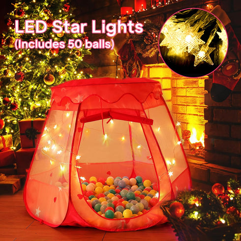 Baby Ball Pit for Toddler with 50 Balls, Pop Up Princess Tent with Star Lights, Indoor & Outdoor Play Tent