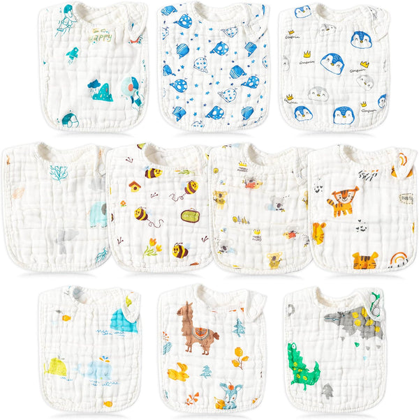 10pcs Adjustable Soft Muslin Cotton Bibs, Baby Bandana Drool Bibs, Absorbent Cotton Scarf
