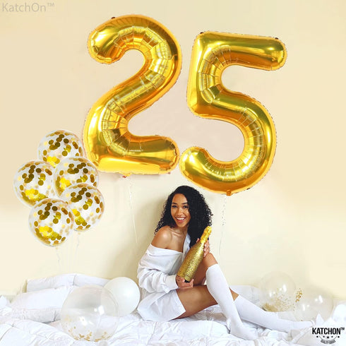 KatchOn Gold 25 Balloon Numbers, 40 Inch, 25th Birthday Balloons with Confetti