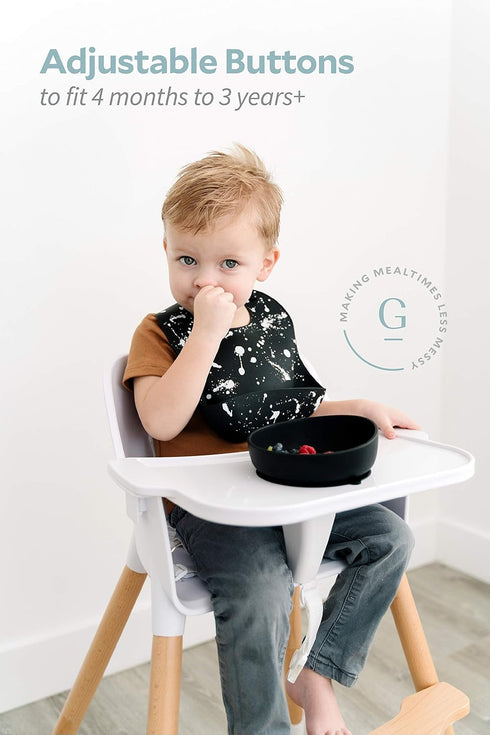 Silicone Baby Bib with Food Catcher - Adjustable Waterproof Feeding Bib for 4-36 Months, Paint Splatter on Black