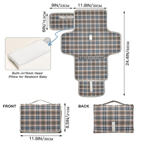 CHUROUSY Brown Plaid Checkered Portable Diaper Changing Pad with Wipes Holder, Geometric Gingham Foldable Baby Diaper