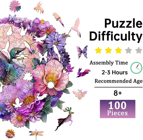Wooden Puzzles for Adults, Hummingbird Wooden Jigsaw Puzzles for Adults, Wood Puzzles Adult, Unique Animal Shape Wood Cut Puzzles, Birthday Gifts for Family Friend (S-8.4 * 8.1in-100 pcs)