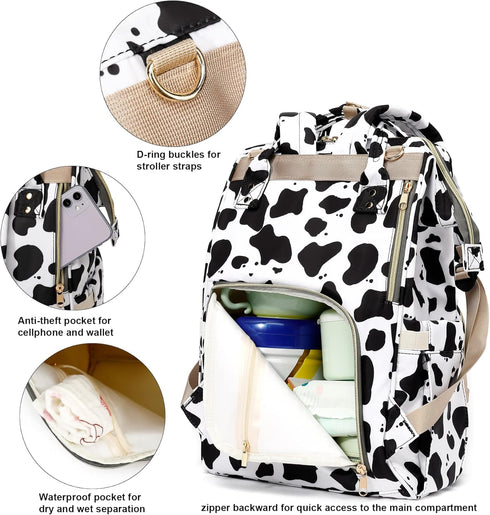 Xunteny Backpack Cow Print Baby Diaper Bag for Girls Boys, Waterproof Large Maternity Nappy Bags for Mom