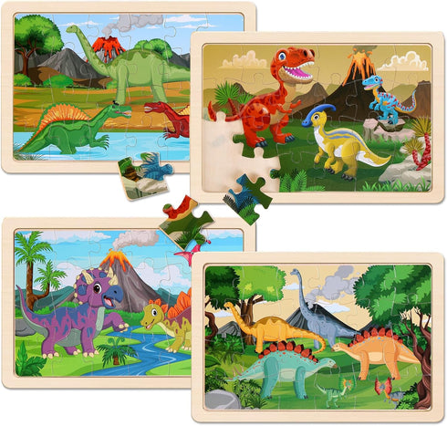 Wooden Puzzles Dinosaur Toys for Kids Ages 3-5 - Set of 4 Packs with 20-Piece Wood Jigsaw Puzzles