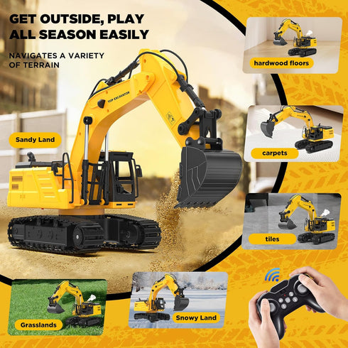 1:18 11-Channel 100-Min 2026 6-12 Metal RC Excavator Toy for Kids | Remote Control Construction Vehicle with Water