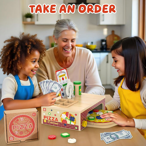 3+, Playset 3 4 5 6 Wooden Pizza Toy - Montessori Pretend Play Food for Ages Educational Learning Toy Wooden with Bake