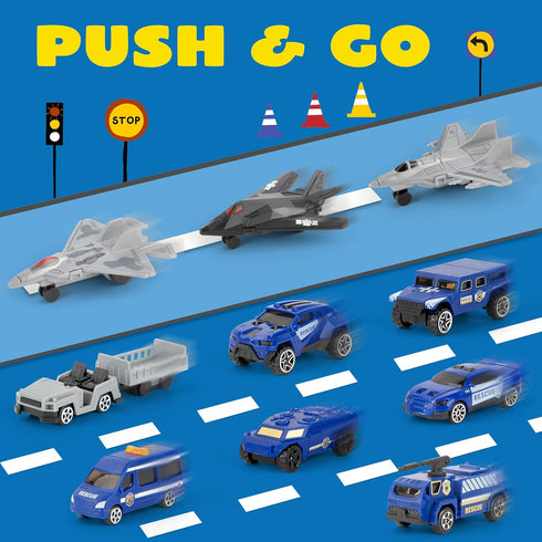 Playset XDUOYJOY Police Helicopter Toy with Vehicles, Fighter Jets, Airplane, SWAT Truck and Roadblocks, Police Rescue