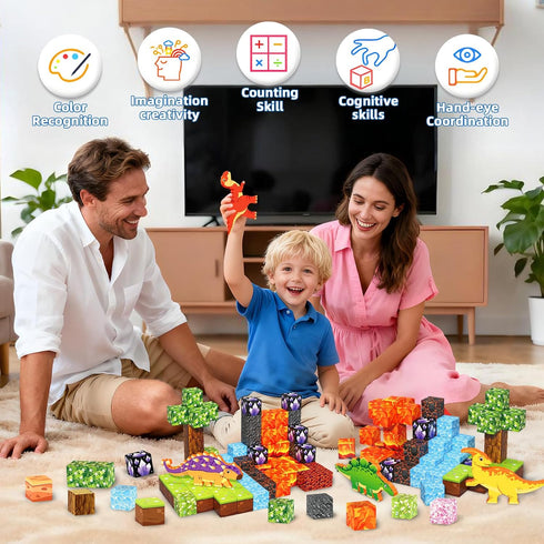 158PCS 1Inch 3D 3 -12 Magnetic Blocks- Magnetic Cubes Dinosaur World for Kids STEM Construction Toys - Learning