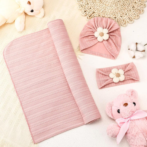 Baby Girl Blankets Newborn Set, 3 Pieces Receiving Blanket with Flower Headbands for Infant Toddler Kids