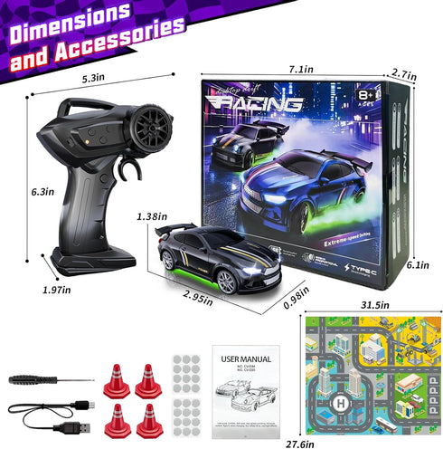JoySpark Toys 1:64 2-Speed 2.4GHz 4 Mini RC Drift Car Scale, Remote Control Car with LED Lights & Modes, Stunt Drifting