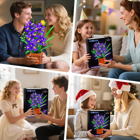 Set 808PCS CUBIMANA Flowers Botanicals Iris Building - Mother's Day Artificial Purple Bonsai Plant for Home Office