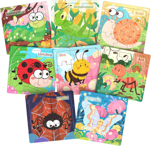 Zeoddler Wooden Puzzles for Toddlers, 8 Pack Insect Animal Jigsaw Puzzles for
