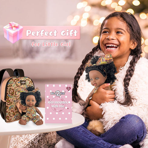 Nice2you Black Baby Doll in Take Along Backpack Carrier, 10in American African Girl Doll for Toddlers 1-5 Years