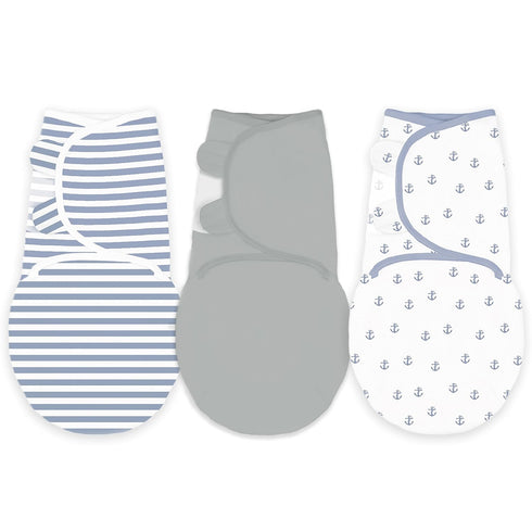 Set 3, Amazing Baby Swaddle Blanket with Adjustable Wrap, of Tiny Anchors, Stripes and Solid, Denim and Gray, Small