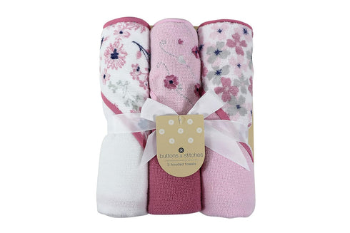 Cudlie Buttons & Stitches Baby Girl 3 Pack Rolled/Carded Hooded Towels in