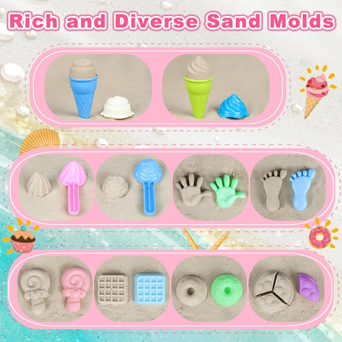 Meaicezli Summer 3-5 Beach Toys, Ice Cream Sand Toys with Collapsible Beach Bucket, Ice Cream Scoop and Cart, Sand