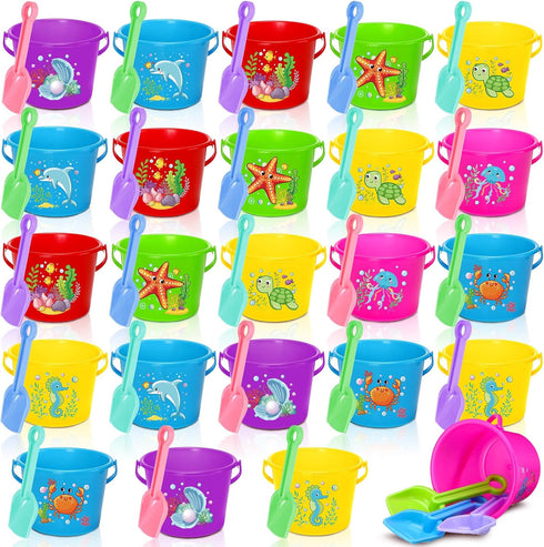 Junkin 24 Sets Beach Sand Buckets and Shovels for Kids, 6.3" Small Beach Pails and Sand Toys for Summer