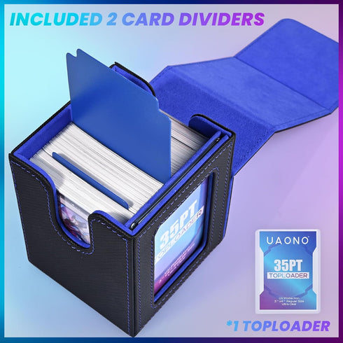 Card Deck Box with Patented Design, MTG Commander Display Case Holds 100+ Double-Sleeved Cards, Black&Blue