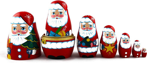7 Christmas Santa Wooden Nesting Dolls pcs - Santa Claus Christmas Decoration Doll Gifts Ideas - Handcrafted