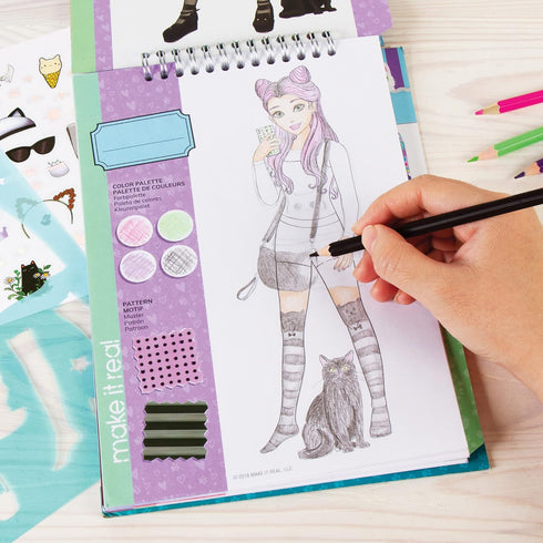 Make It Real Fashion Design Sketchbook for Girls, Kitty Cat-Themed Design Kit with Stencils, Stickers