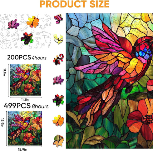 Hummingbird 200 11.2 11.2 Mocfesk Stained Glass Wooden Puzzles, Colorful Bird & Floral Wooden Jigsaw Puzzles for Adults