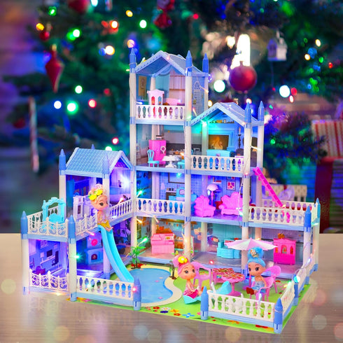 AmiDear 4-Story 11 Playset 3 4 5 6 7 8 9 10 Dollhouse with Rooms, Dream Gift Princess Doll House with Furniture, Blue
