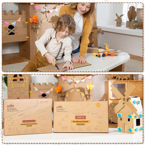 Set -258PCS, Kids Cardboard Construction Tool with Electric Drill & Tool Belt STEM Building Kit for Creative Craft