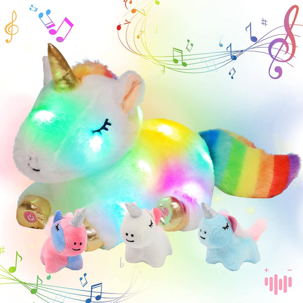 Hopearl LED Musical Unicorn Playset, Singing Plush Toy with 3 Baby Unicorns, Adjustable Volume, Gifts for Kids