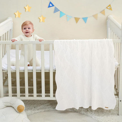 40x31 Inches Thick Cotton Knit Baby Blanket Soft Breathable Newborn Blanket for Boys & Girls, Wavy Pattern Receiving