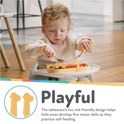 Nuby Animal Friends Silicone and Stainless Steel Fork and Spoon Set - 12+ Months - Yellow Giraffe by Nuby