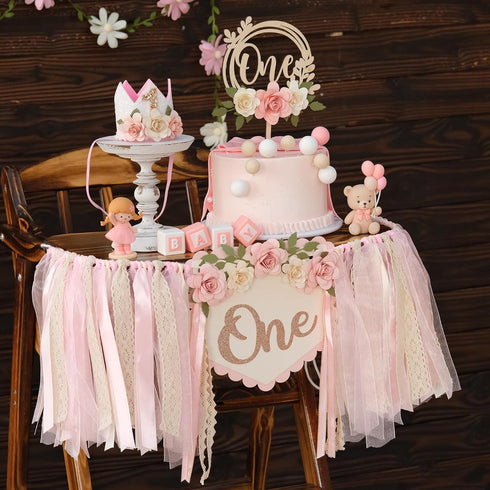 1st Wildflower High Chair Banner Birthday Decorations For Girl Pink Flower Cake Topper Hat Floral Theme Party