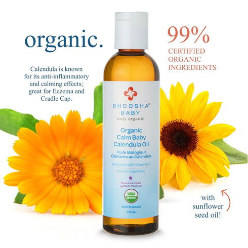 Shoosha Organic Calendula Oil French Lavender for Babies, Hypoallergenic Massage Oil Moisturizer